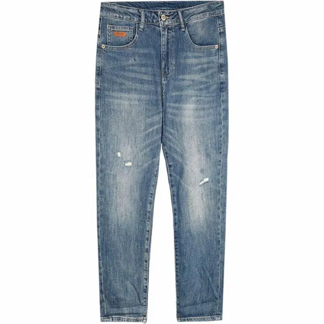 才子 破洞直筒水洗弹力时尚牛仔裤 男款 蓝色