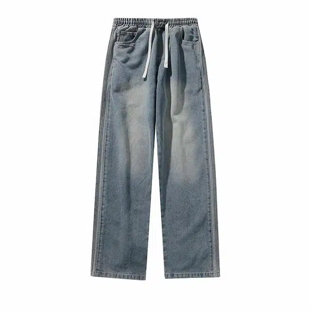 隐狼世家 潮牌日系简约拼接直筒宽松牛仔裤 男款 蓝色