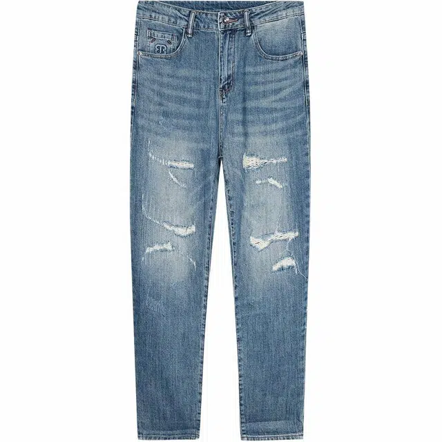 才子 破洞水洗弹力休闲修身牛仔裤 男款 蓝色
