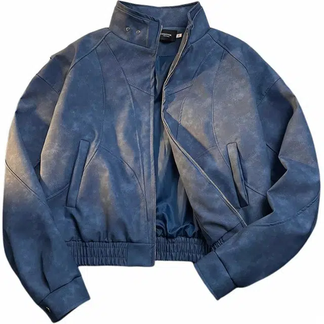 雅鹿 美式复古纯色飞行运动休闲宽松防风立领机车长袖拉链皮质夹克外套 男女同款