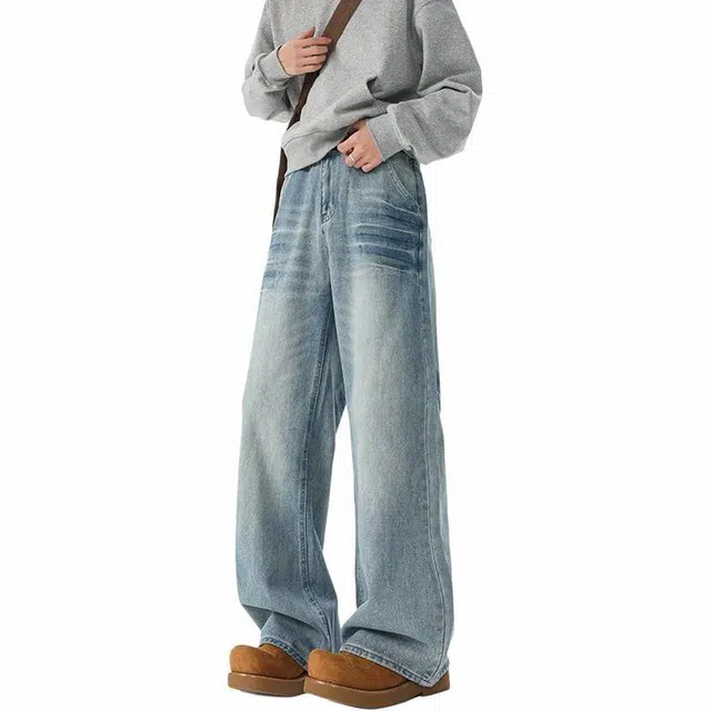 沃马 直筒休闲美式高街牛仔裤 男女同款 蓝色