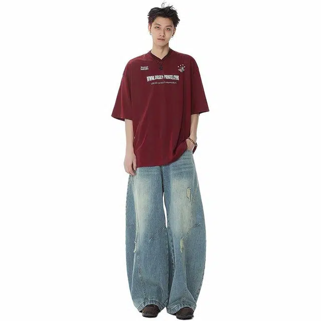 宝米卡 美式复古水洗弯刀宽松休闲时尚百搭牛仔裤 男女同款