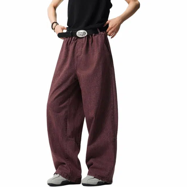 颂希尔 复古重水洗刺绣休闲拖地牛仔裤 男女同款 酒红色