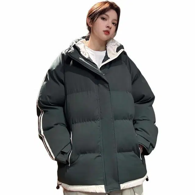 【dme】 拼接撞色假两件加厚保暖连帽羽绒服 男女同款
