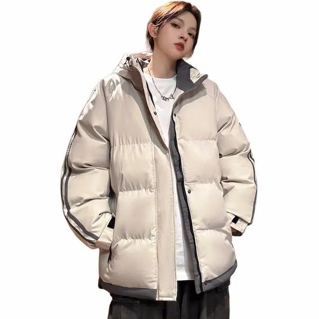 【dme】 拼接撞色假两件加厚保暖连帽羽绒服 男女同款