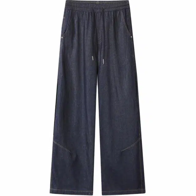 沃马 直筒休闲美式高街拼接弯刀水洗高级感显高显瘦通勤垂感流行简约抽绳牛仔裤 男女同款 牛仔蓝