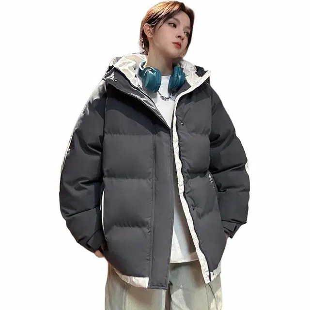 【dme】 拼接撞色假两件加厚保暖连帽羽绒服 男女同款