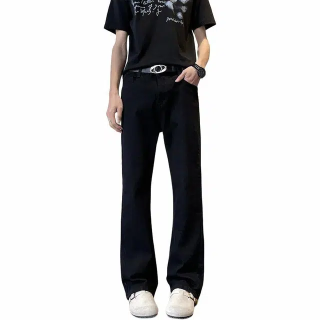 沃马 美式高街宽松直筒弯刀水洗做旧废土风中腰显高显瘦通勤垂感微喇牛仔裤 男女同款 黑色