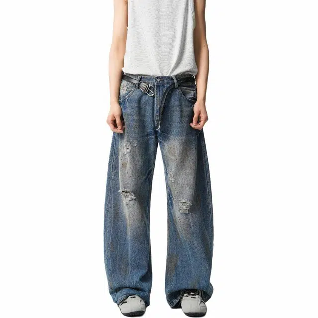 颂希尔 高街破洞美式做旧水洗阔腿潮牌直筒牛仔裤 男女同款 蓝色