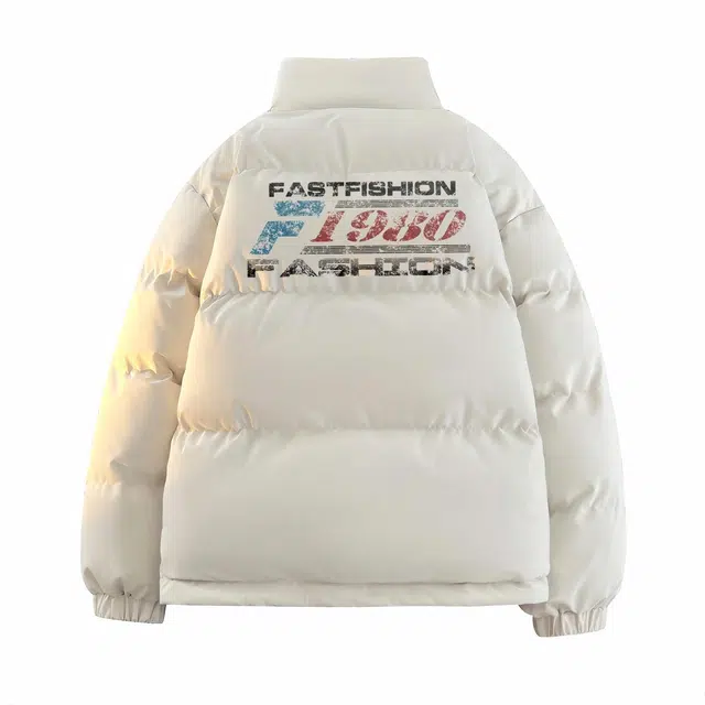 快鱼 美式复古字母斑驳做旧印花宽松面包服防风门襟休闲拉链立领保暖棉服 男女同款