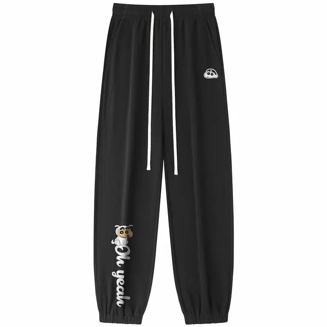 蜡笔小新 卡通字母小新印花休闲抽绳宽松束脚针织运动裤 男女同款