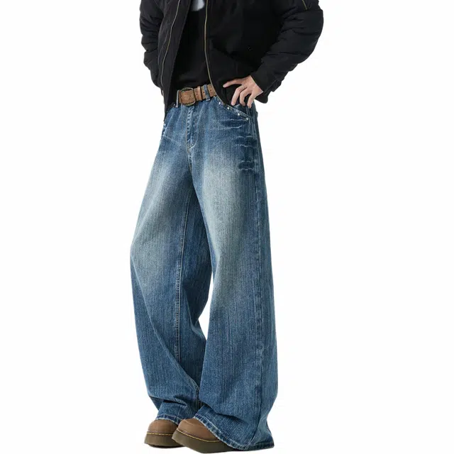 沃马 直筒休闲美式高街铆钉潮流弯刀水洗显高显瘦通勤垂感微喇流行简约牛仔裤 男女同款 蓝色