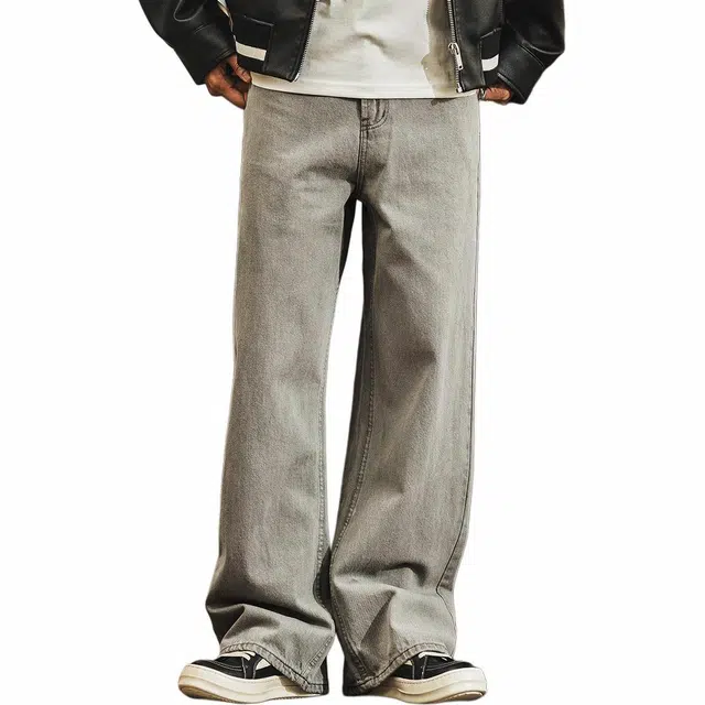 格蓝鹿 简约复古高街休闲宽松直筒百搭时尚牛仔裤 男女同款 月魂灰