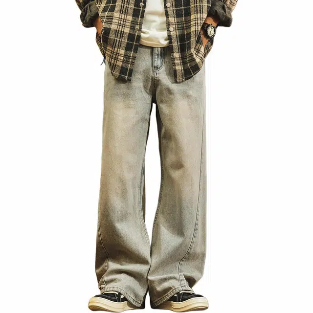 格蓝鹿 垂感基础简约阔腿裤美式英伦风潮牌复古牛仔裤 男女同款 蓝色