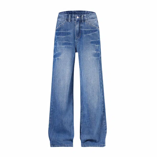 宝米卡 直筒复古宽松休闲高级感水洗做旧阔腿牛仔裤 男女同款 竹节蓝