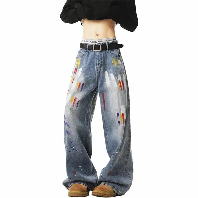 沃马 美式高街拼接弯刀水洗做旧废土风宽松直筒喷漆学院风流行牛仔裤 男女同款 蓝色