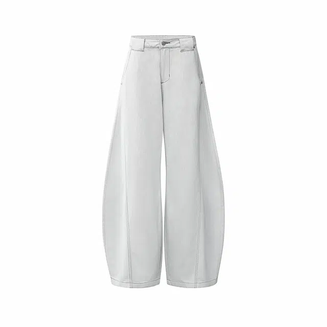 宝米卡 复古水洗直筒弯刀宽松拖地休闲牛仔裤 男女同款 美式白