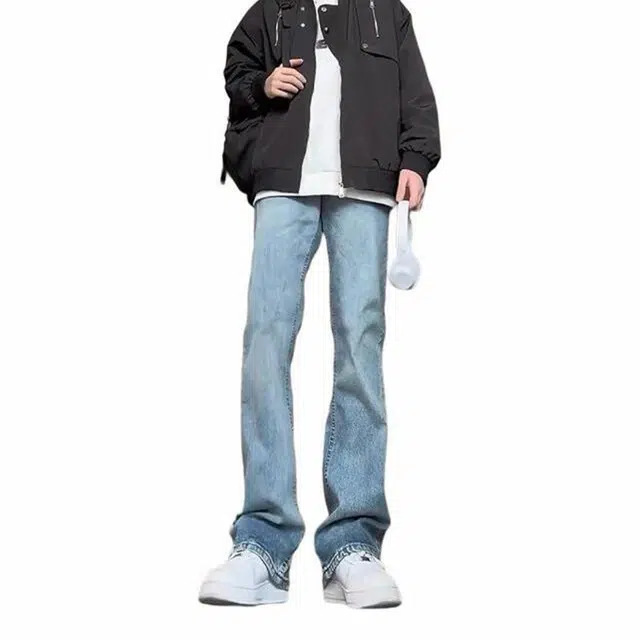 人本 复古美式街头垂感微喇叭长裤黄泥染废土风弯刀裤显高显瘦潮流加绒加厚保暖御寒牛仔裤 男女同款 蓝色