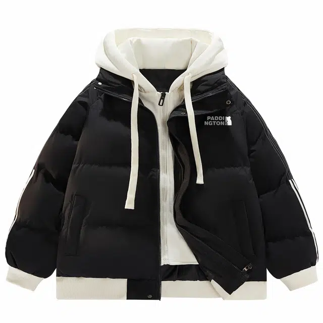 帕丁顿熊 假两件连帽撞色拼接小熊贴标纯色宽松休闲面包服外套防风防寒保暖加厚棉服 男女同款