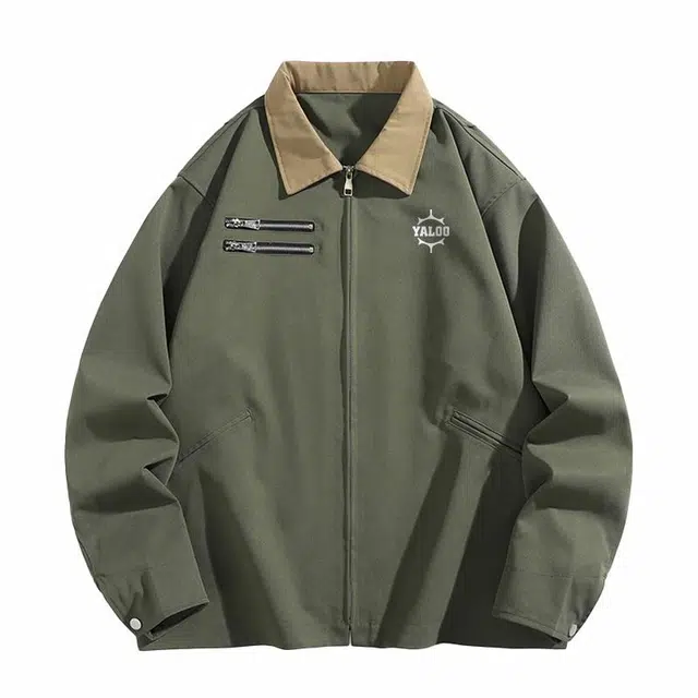 雅鹿 美式复古工装水洗简约基础字母印花宽松拉链无性别主义潮流时尚通勤翻领夹克外套 男女同款