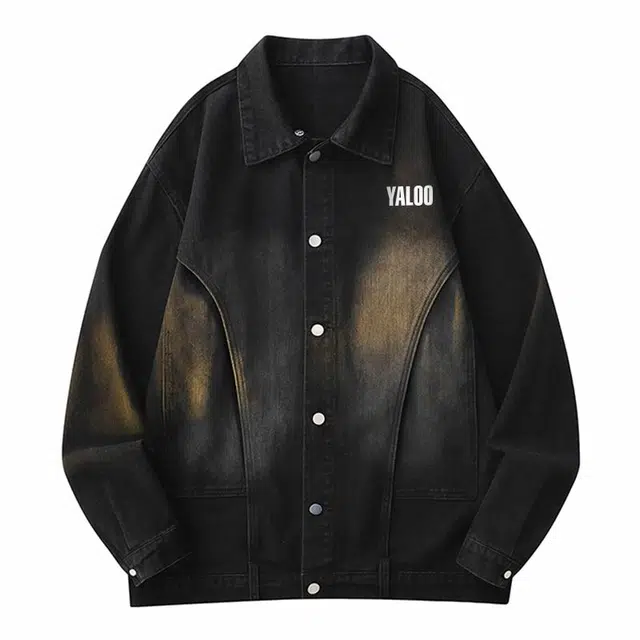 雅鹿 美式嘻哈高街学院风日系基础款简约字母印花高级感工装大口袋水洗做旧休闲百搭宽松做旧翻领港风牛仔夹克外套 男女同款