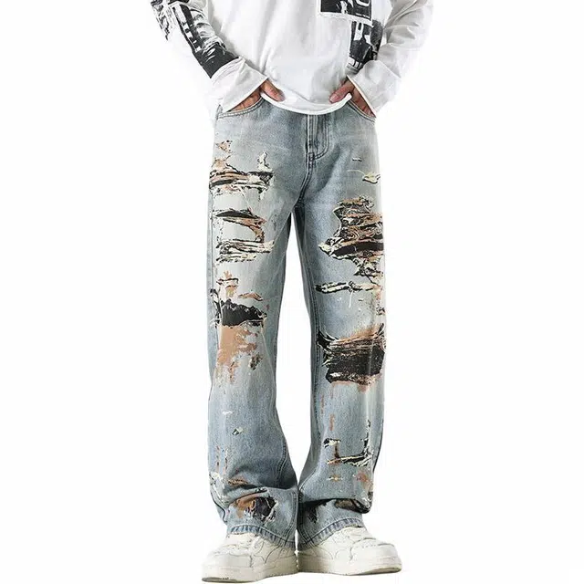 宝米卡 街头美式宽松复古直筒牛仔裤 男女同款 蓝色