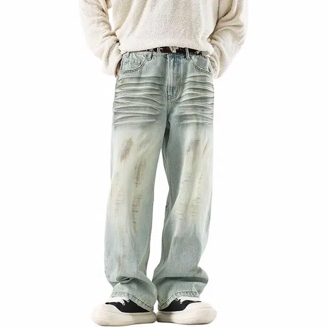 宝米卡 休闲小众设计感高级感百搭简约时尚舒适牛仔裤 男女同款 脏青蓝