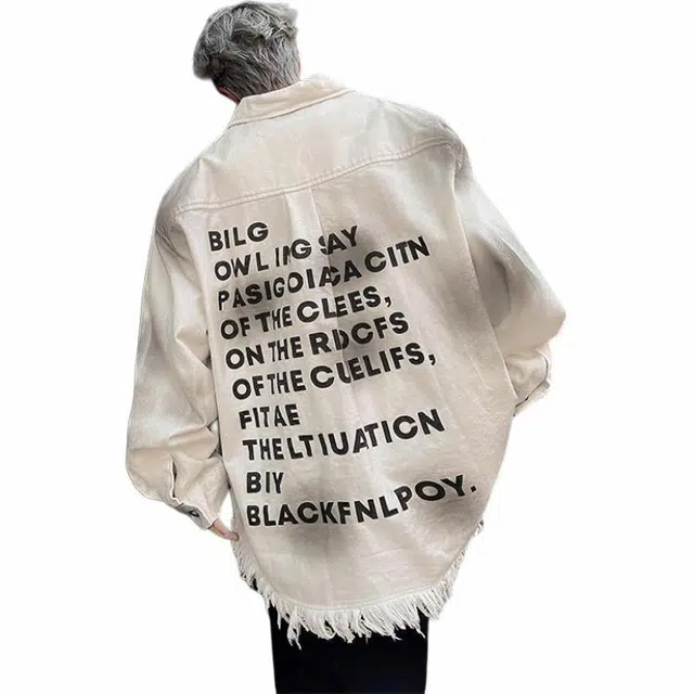 雅鹿 美式高街字母印花简约基础款纽扣宽松翻领街头嘻哈防风舒适大码破坏毛边设计款无性别主义夹克外套 男女同款