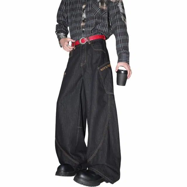 沃马 美式高街拼接蛇纹弯刀宽松阔腿高级感舒适亲肤透气牛仔裤 男女同款 黑色