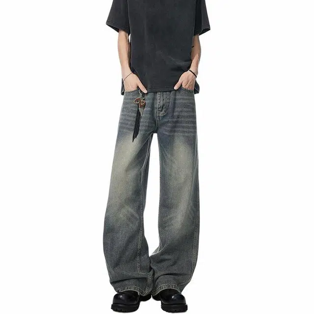 沃马 宽松柔软休闲美式高街重工弯刀水洗做旧牛仔裤 男女同款 复古蓝