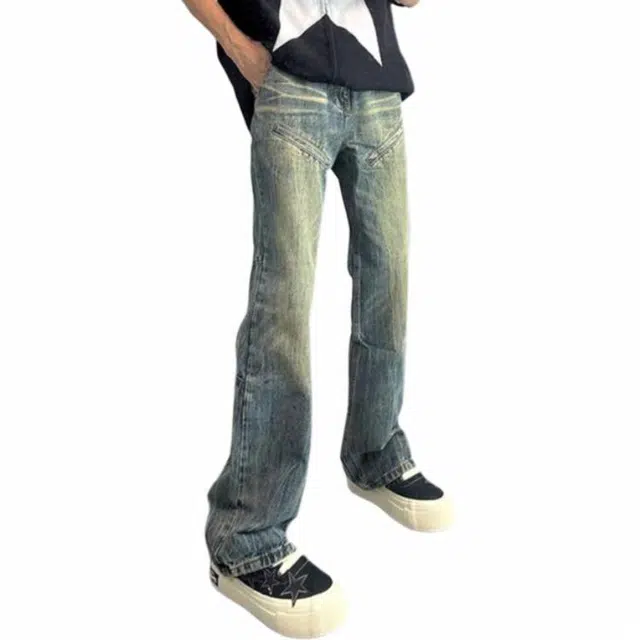 宝米卡 美式水洗复古拼接微喇宽松休闲牛仔裤 男女同款 做旧蓝