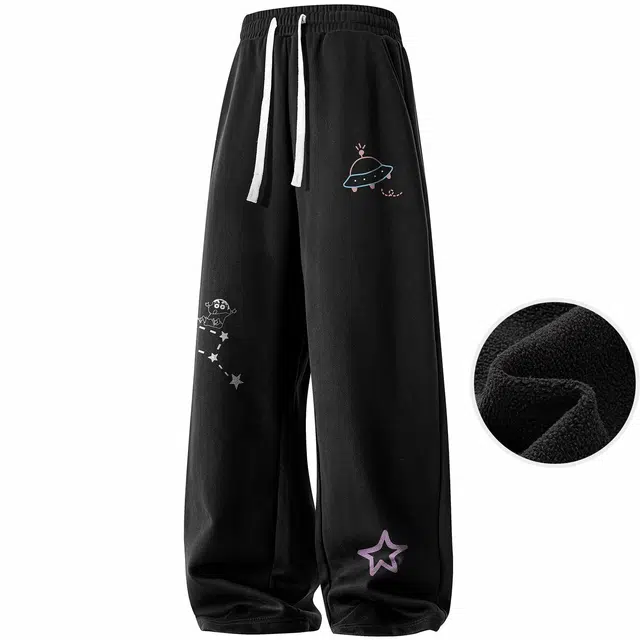 蜡笔小新 卡通人物星星飞碟印花宽松直筒针织运动裤 男女同款