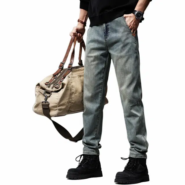 贵色 美式高街水洗做旧斜插袋潮流显瘦休闲阔腿垂感直筒长裤牛仔裤 男女同款 蓝色