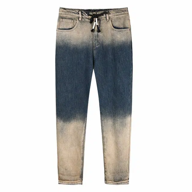 才子 复古街头舒适弹力休闲修身裤系带牛仔裤 男款 灰蓝色