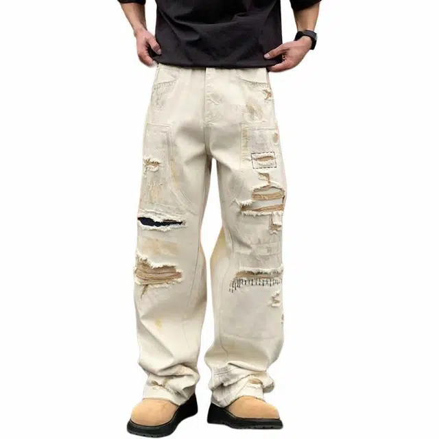 宝米卡 美式复古宽松阔腿牛仔裤 男女同款 米白色