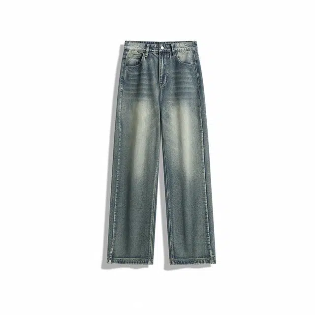 欧路得 美式猫须水洗做旧宽松直筒牛仔裤 男款