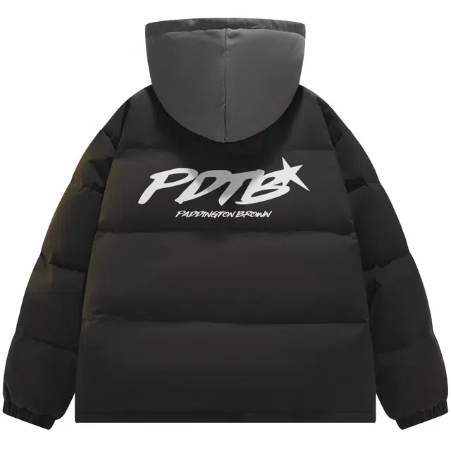 帕丁顿熊 假两件连帽撞色卡通字母印花纯色宽松休闲防风防寒面包服保暖加厚羽绒服 男女同款