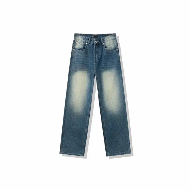 我是大卫 美式复古水洗做旧直筒高街百搭潮牌宽松阔腿牛仔裤 男女同款 深蓝色