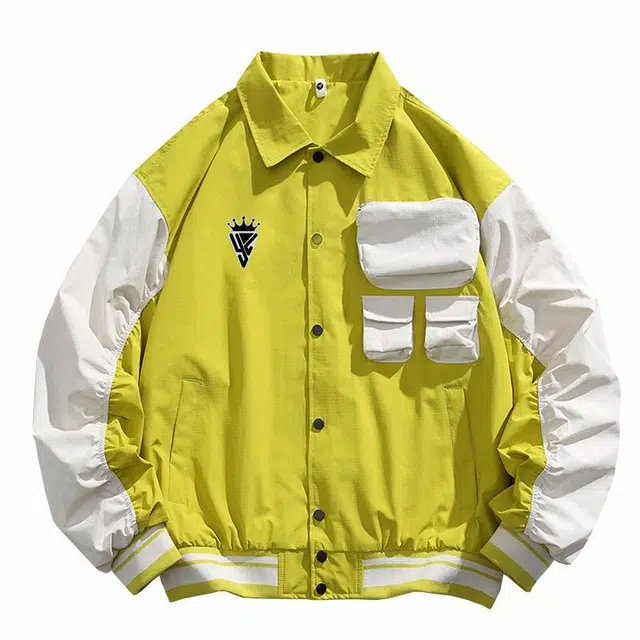 雅鹿 美式潮流高街拼接撞色潮牌字母印花多巴胺色系大口袋设计宽松休闲嘻哈街头百搭大码舒适无性别主义翻领夹克外套 男女同款