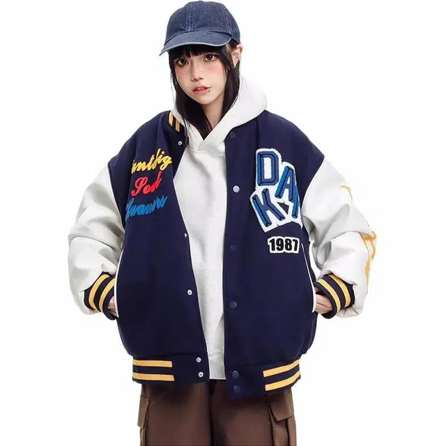 物质公式 重工美式潮牌高街复古植绒刺绣字母撞色拼接外套质感街头嘻哈痞帅时尚潮流舒适百搭宽松休闲棒球领落肩垂感开衫夹克 男女同款