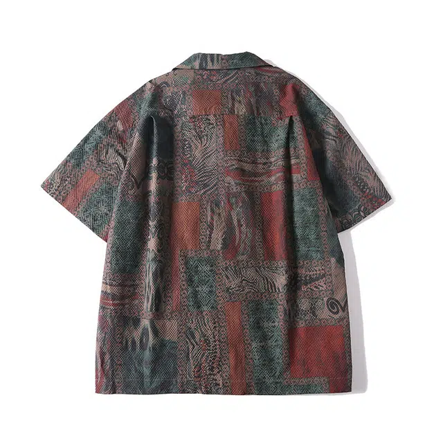 费尔岛上的猫 美式街头数码印花泡泡纱时尚舒适百搭宽松满印短袖衬衫 男女同款