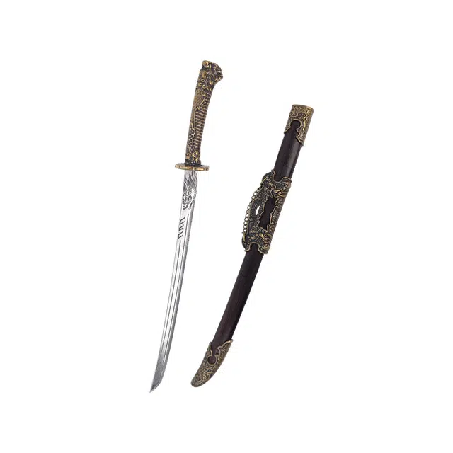 天子剑 金鳞龙脊雁翎刀 龙泉短刀剑黑檀木鞘黄铜装碳钢刃收藏未开刃 成品模型