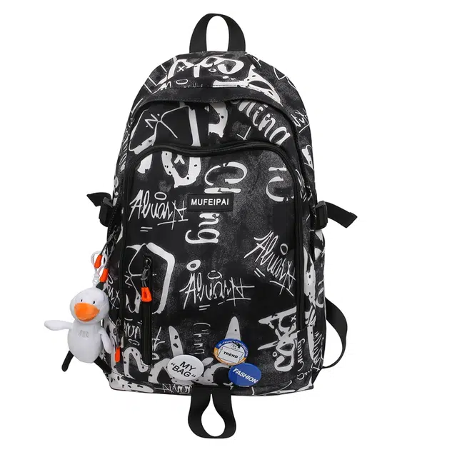 揽月 潮流街头涂鸦韩版时尚百搭 尼龙 书包背包双肩包 男女同款情侣款 黑色/白色/蓝色