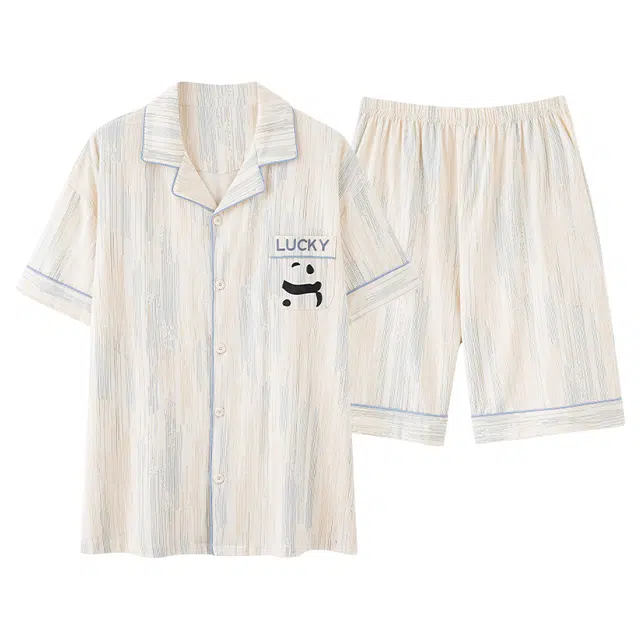 夏芬妍 柔软舒适条纹熊猫纯棉翻领家居服休闲舒适短袖短裤时尚可外穿 睡衣套装 男女同款