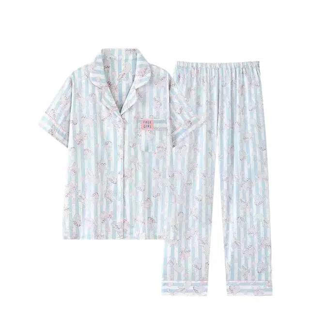 俏韵 翻领卡通条纹猫咪短袖长裤家居服可外穿睡衣套装 女款 蓝色