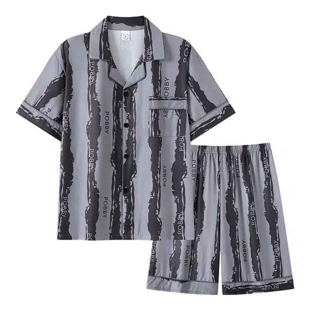 宫蝶 短袖休闲家居服条纹复古风可外穿睡衣套装 男款 灰色