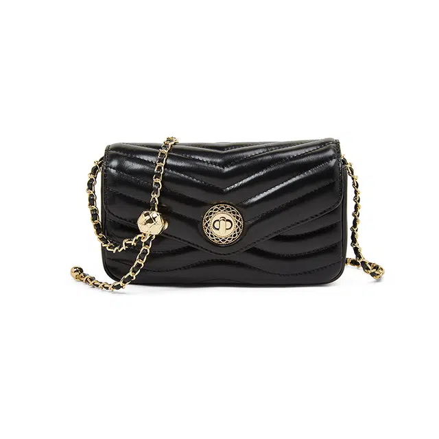 老人头 小香风时尚经典通勤菱格金珠链条可调节单肩包 头层牛皮  斜挎包 女款 黑色