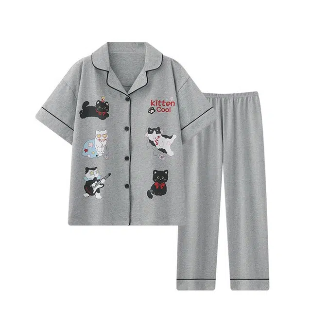 俏韵 翻领卡通带胸垫可爱短袖长裤睡衣套装 女款 灰色