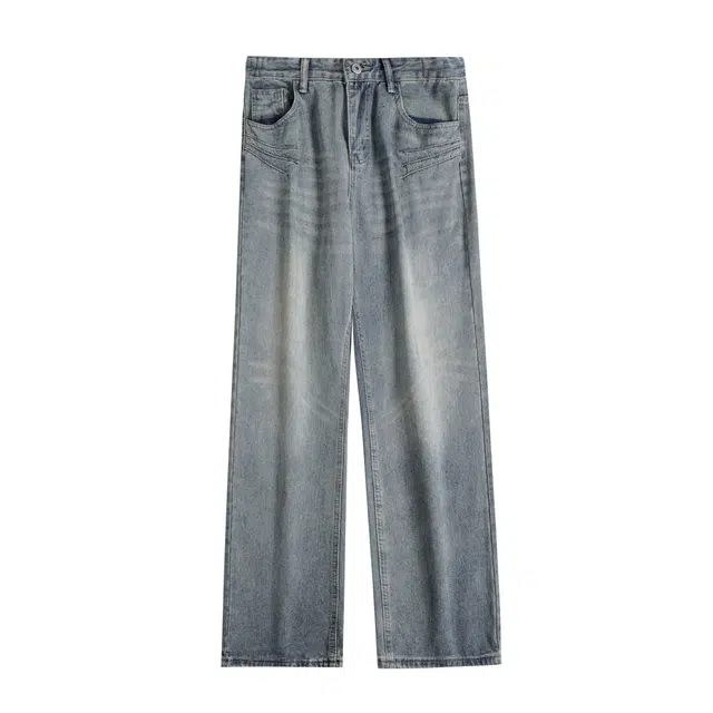 拾个壹先生 美式高街复古宽松直筒水洗做旧百搭牛仔裤 男女同款