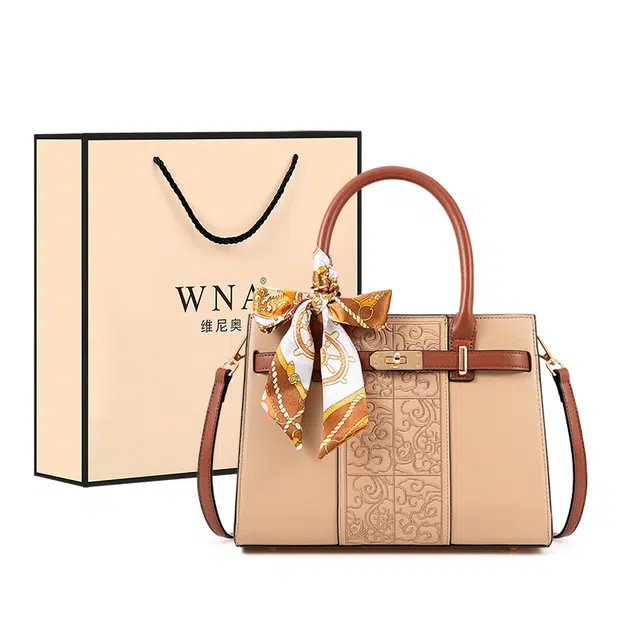 维尼奥 品牌小众国风刺绣妈妈包高颜值新中式时尚百搭大气女包简约休闲实用通勤包 合成革 单肩斜挎手提包 常规 女款 杏色